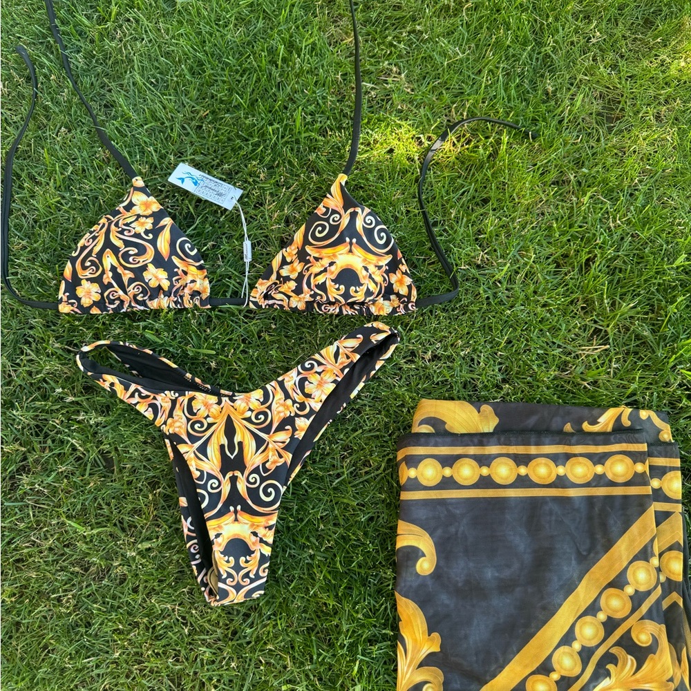 Black and Gold Bikini Set with Matching Cover-Up